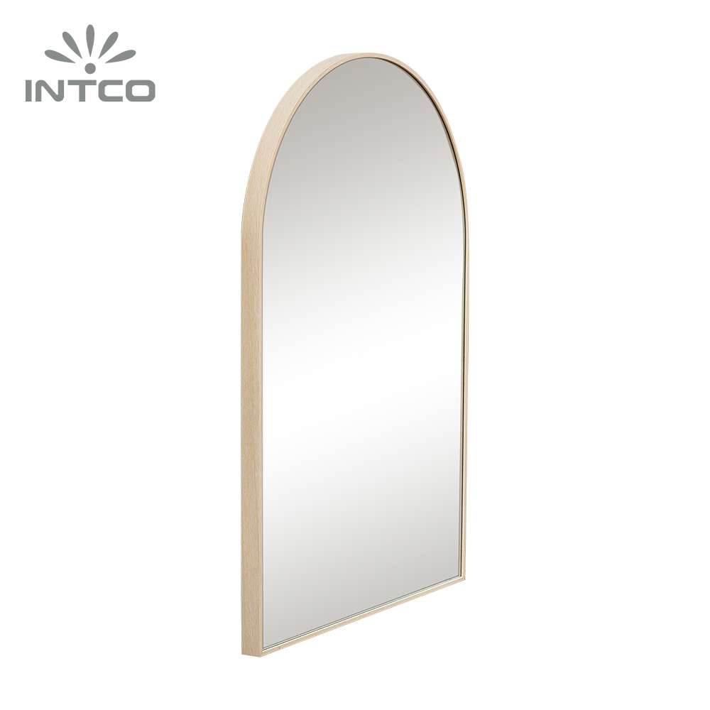 Arched aluminum wall mirror with natural wood profiles